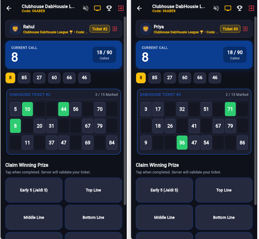 DabHousie Mobile Browser Live Player Ticket